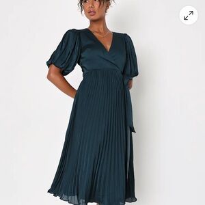 Lulu's Deep Teal V-Neck Midi Dress- Elegant and Classy